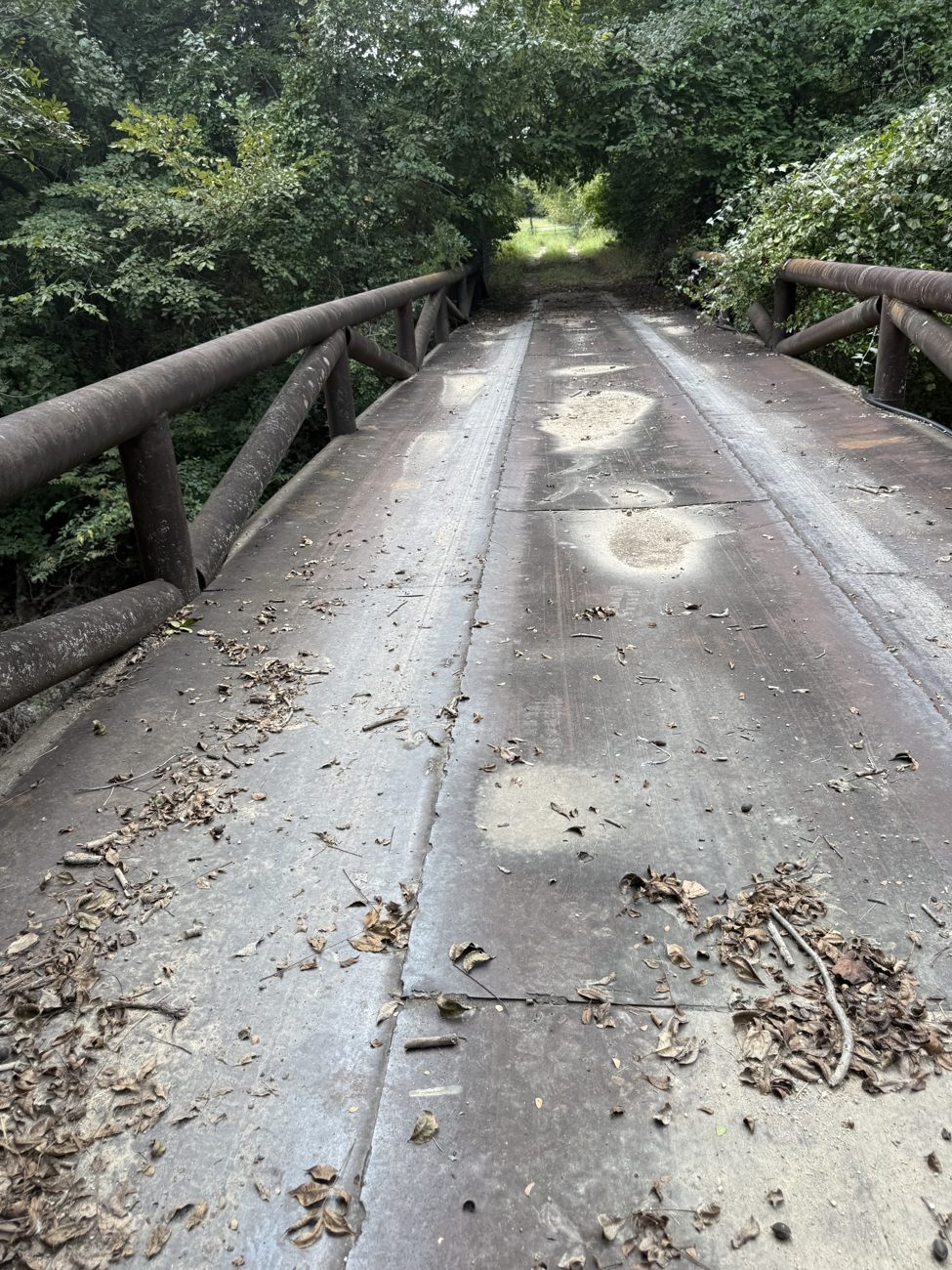 Single-lane concrete bridge with steel pipe handrails on the easement, deck clear, gravel two-track continuing into the trees beyond